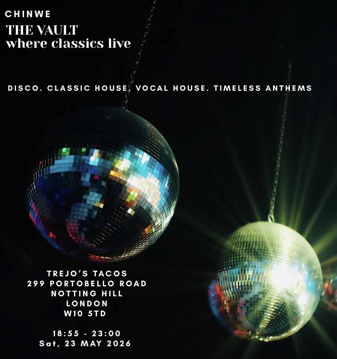 The Vault London event poster featuring disco balls, promoting a disco and house music night in Notting Hill on 23 May 2026