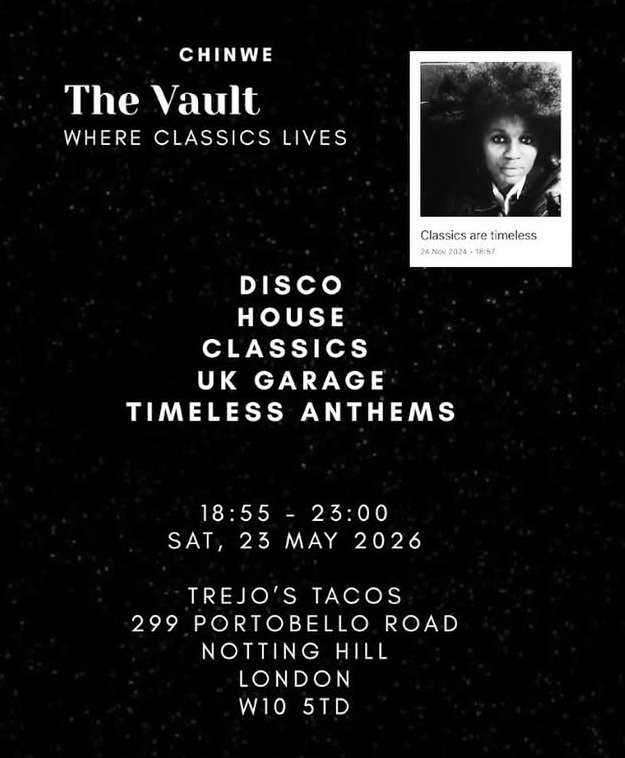 The Vault London event poster featuring disco balls, promoting a disco and house music night in Notting Hill on 23 May 2026