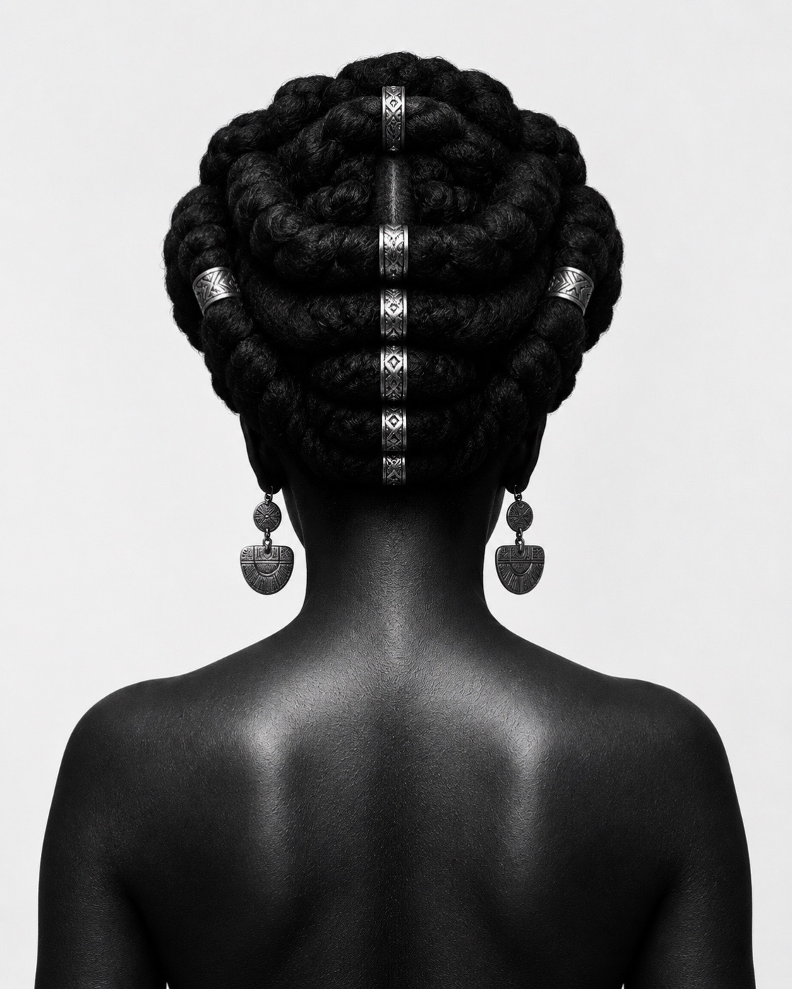 Monochrome CROWN & FORM portrait featuring a sculptural braided hairstyle, photographed from behind with the face concealed.